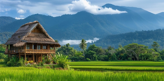 Traditional house in a serene rural landscape with mountains in the background