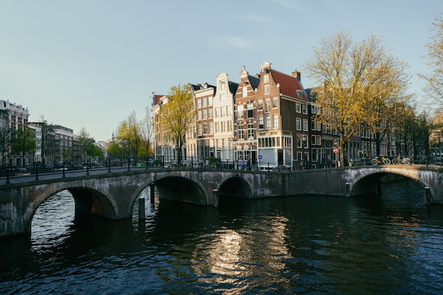 традиционные дома и канал Амстердама