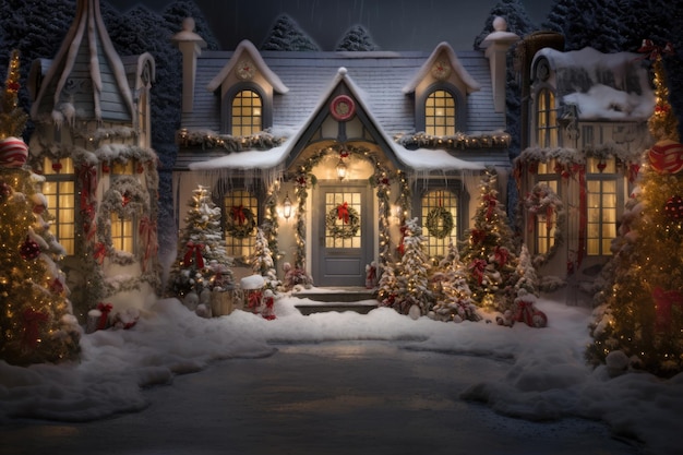 Traditional houses decorated with christmas garlands and lights