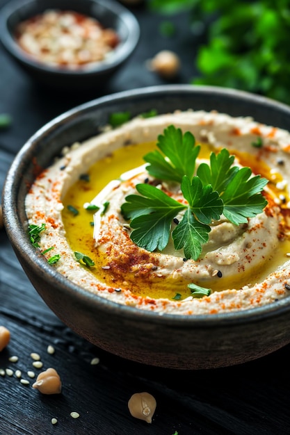 Traditional hummus from chickpea beans with oil in a bowl on black wooden background