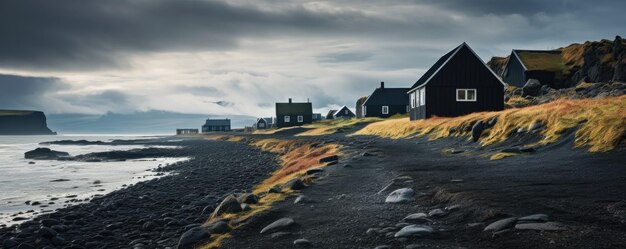 Traditional iceland landscape with house black sand green lava landscape Generative ai