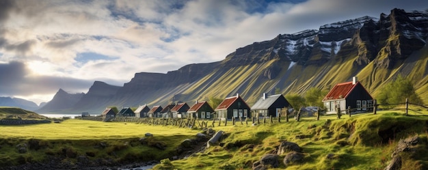 Традиционный исландский пейзаж с домом, черный песок, зеленая лава, пейзаж Генеративный ай