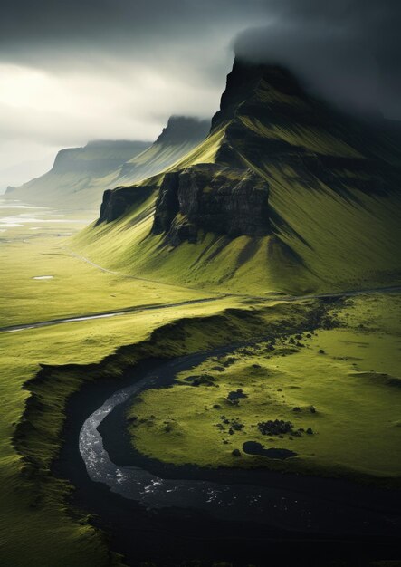 Traditional iceland landscape with house black sand green lava landscape Generative ai