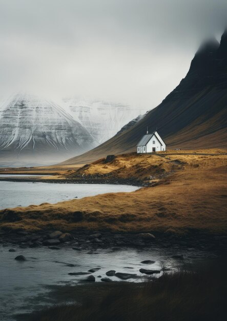 Traditional iceland landscape with house black sand green lava landscape Generative ai