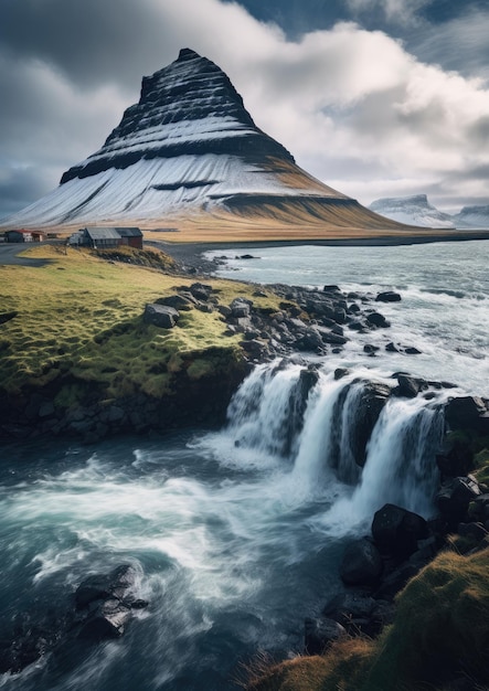 Photo traditional iceland landscape with house black sand green lava landscape generative ai