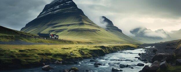 写真 伝統的なアイスランド風景 黒い砂 緑の溶岩風景