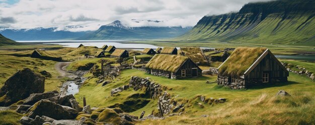 Фото Традиционный исландский пейзаж с домом черный песок зеленый лавовый пейзаж генеративный ai
