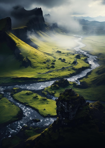 Photo traditional iceland landscape with house black sand green lava landscape generative ai