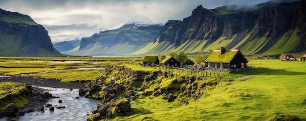 Traditional iceland landscape with house black sand green lava landscape Generative ai