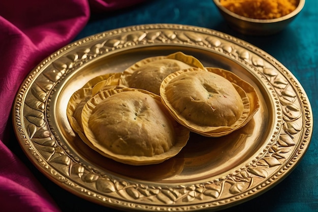 Foto un piatto di ottone indiano tradizionale con pani puris