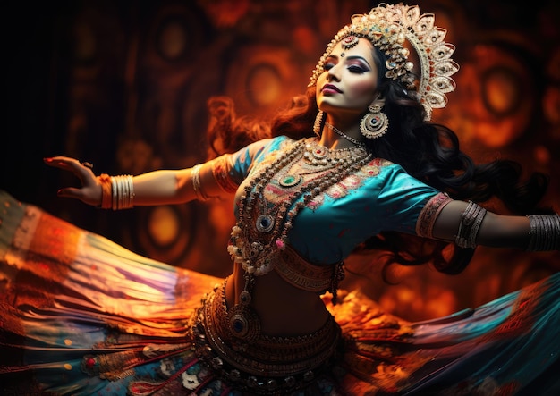 A traditional Indian classical dance performance with the dancer adorned in intricate jewelry and