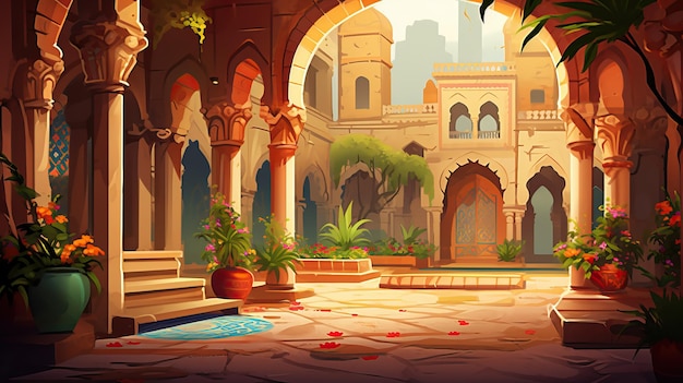 traditional Indian courtyard with decorative arches cartoon illustration ai generative