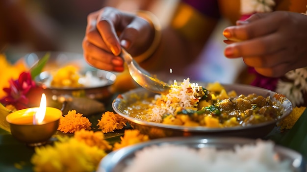 Традиционная индийская кухня, подаваемая во время праздничного мероприятия, подлинная декорация блюда, культурная еда, живое представление еды, искусственный интеллект.
