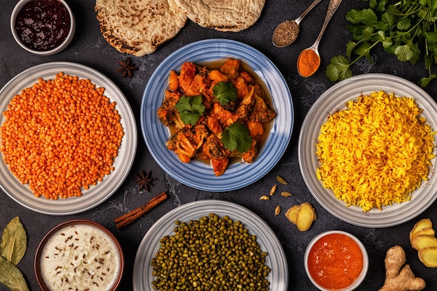 Traditional Indian curry with rice, lentils and mung beans