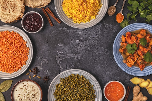 Traditional Indian curry with rice, lentils and mung beans