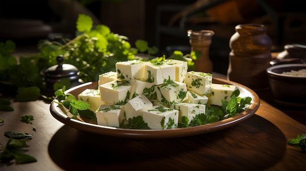 Traditional Indian dish paneer cheese with parsley and sauce restaurant menu postcard