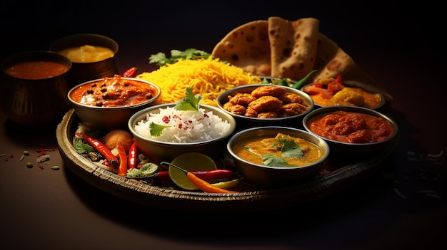 Photo traditional indian dishes on the wooden table selection of assorted spicy food ai generated