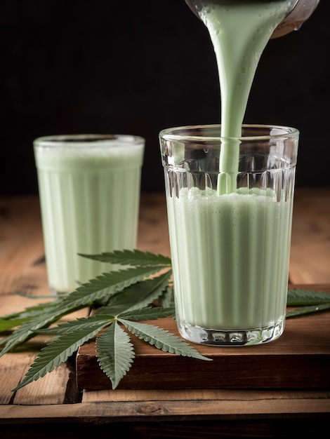 Traditional Indian drink Bhang Lassi, with hemp leaves.