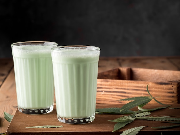 Traditional Indian drink Bhang Lassi, with hemp leaves.