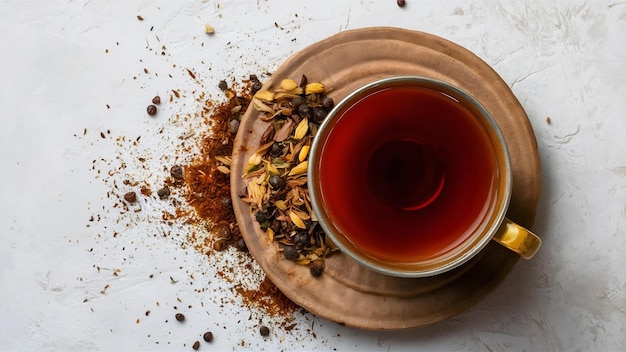 Traditional indian drink masala tea on a light background with spices copy space