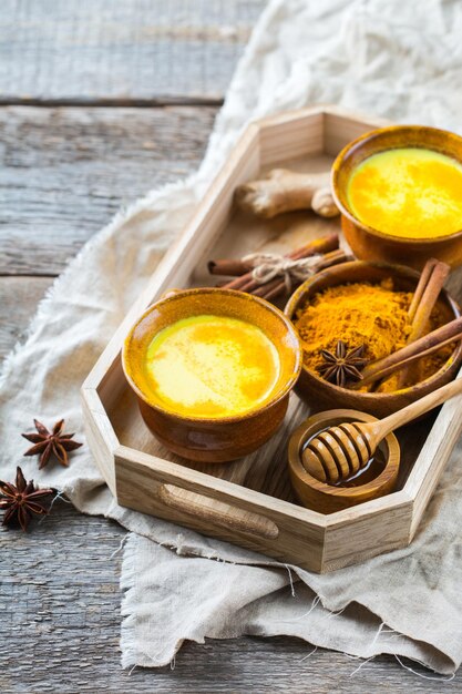 Traditional indian drink turmeric curcuma golden milk with ingredients