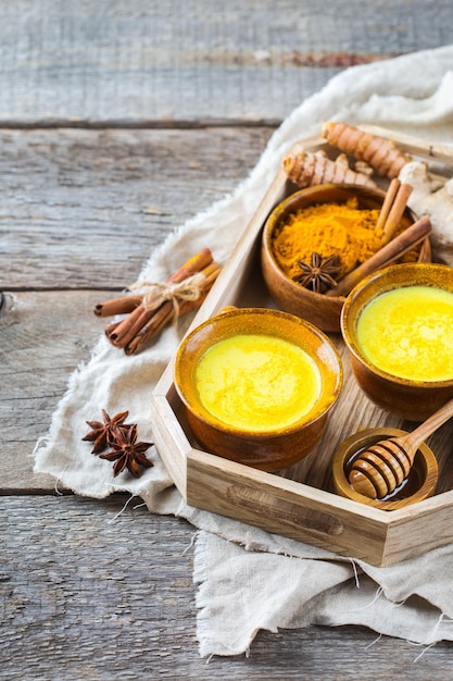 Traditional indian drink turmeric curcuma golden milk with ingredients