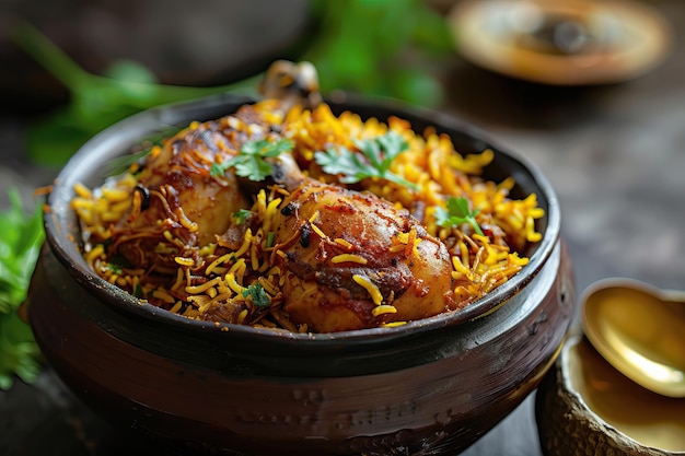 Traditional Indian Dum Handi Chicken Biryani in clay pot