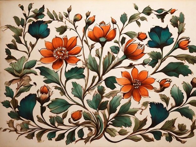 Traditional Indian flower motif Mughal hand drawn Mughal wall paintings Mughal illustration