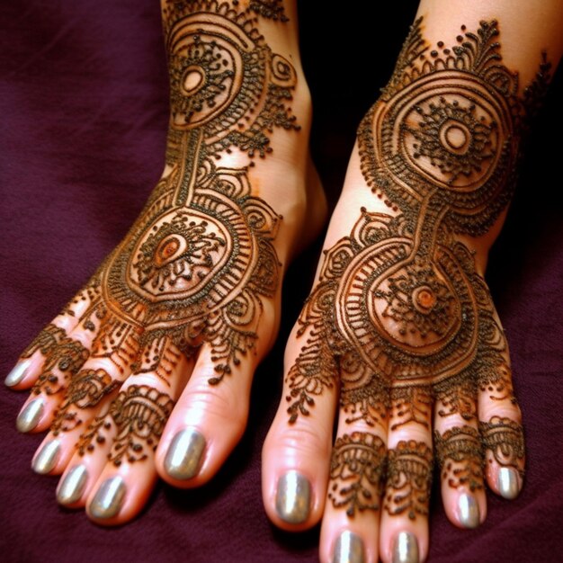 Foto ornamento tradizionale indiano di cuore sulle mani colorate da henna e braccialetti da sposa in colori bordeaux