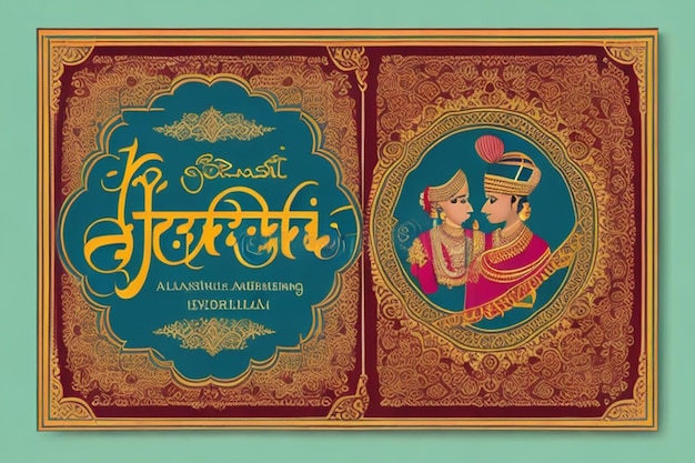 Photo traditional indian mughal wedding card design invitation card for wedding day printing vector illus