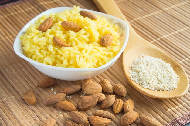 Traditional Indian Pongal Makar Sankranti rice nuts almonds sesame