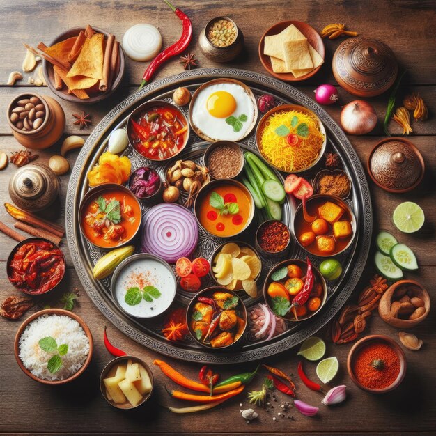 Traditional Indian spicy dishes on the wooden table