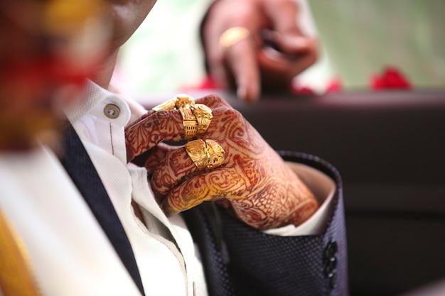 Traditional indian wedding ceremony, groom hand