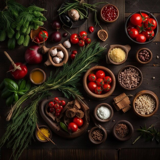 Traditional ingredients of mediterranean cuisine on a dark wooden background Top view