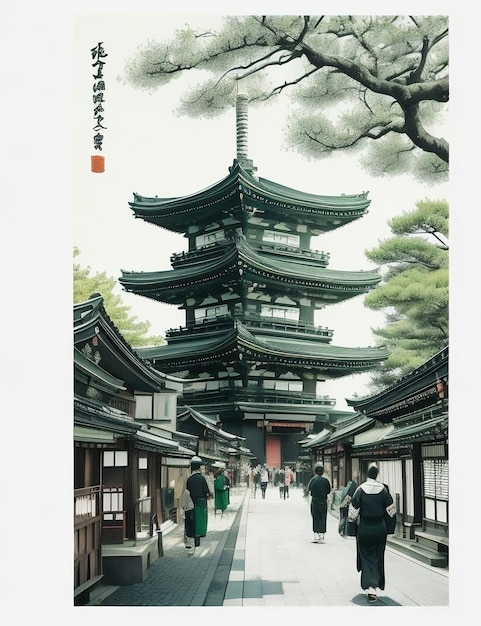 A traditional ink painting of Asakusa