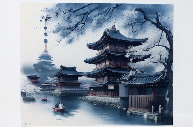 A traditional ink painting of Asakusa