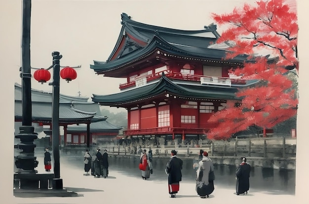 A traditional ink painting of Asakusa