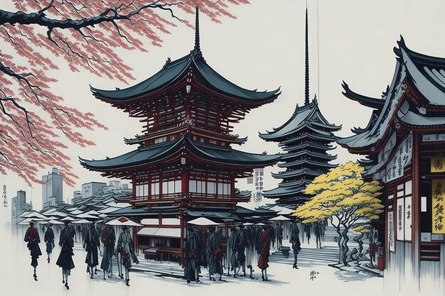 A traditional ink painting of Asakusa