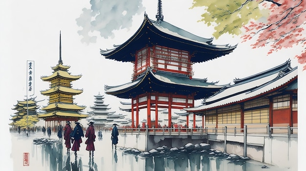 A traditional ink painting of Asakusa