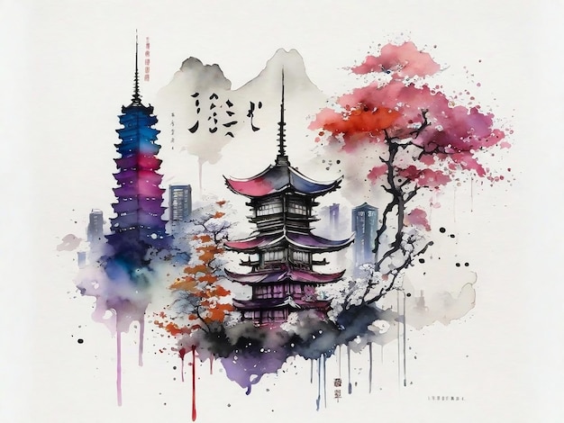 A traditional ink painting of Imperial Tokyo