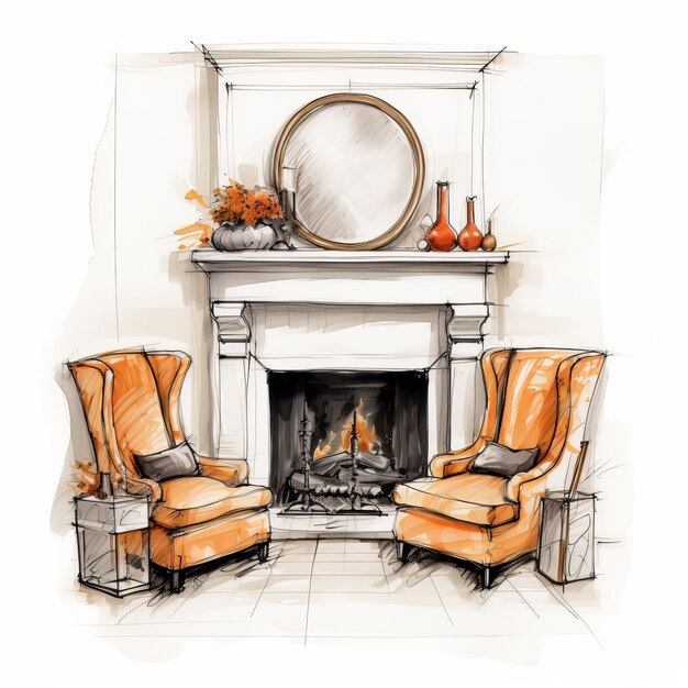 Photo traditional interior design sketch with orange pillows chairs and fireplace