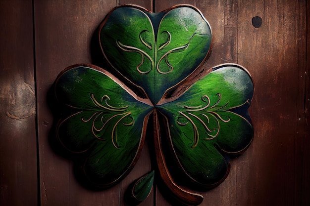 Traditional irish fourleaf green clover is painted on wooden wall