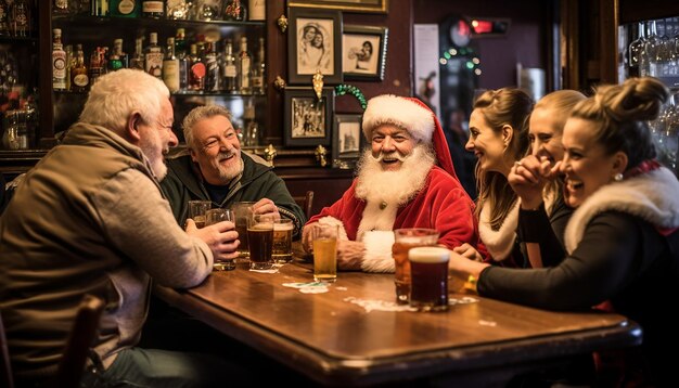 伝統的なアイルランドのパブシーンでお祭りの衣装を着た顧客がいます