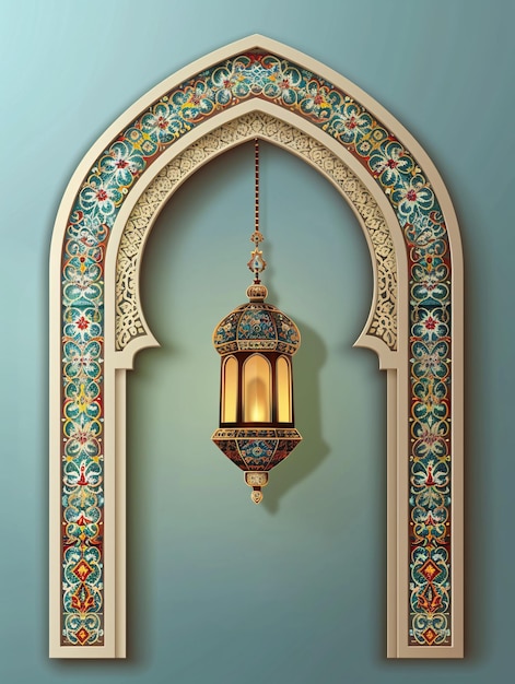 A traditional Islamic arch adorned with a lantern