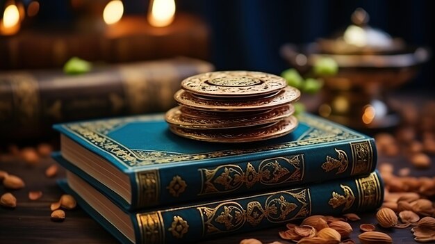 Traditional islamic with Quran background Happy Ramadan Kareem