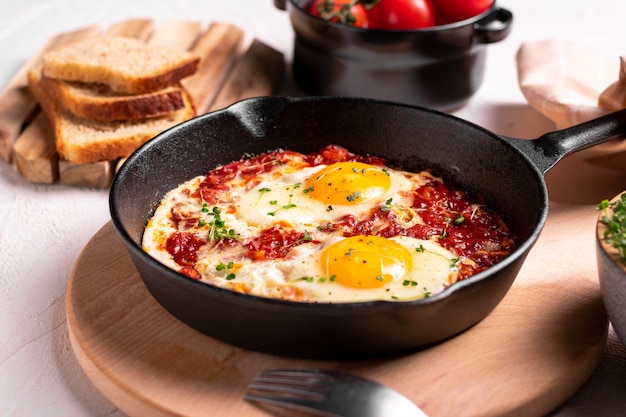 냄비에 토마토 shakshouka와 함께 전통적인 이스라엘 음식 계란을 닫습니다.