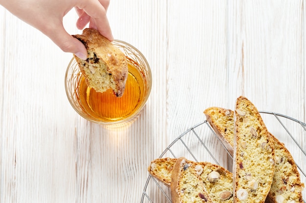 Traditional Italian almond cantuccini cookies and sweet wine Vin Santo.