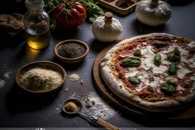 イタリアの伝統的な水牛モッツァレラのピザ トマトソースとルッコラ