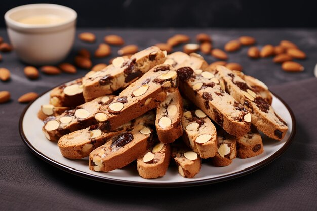 Photo traditional italian cantuccini cookies with almonds on a plate on a gray concrete background