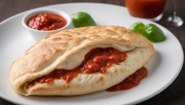 Photo traditional italian cheese calzone served with marinara sauce